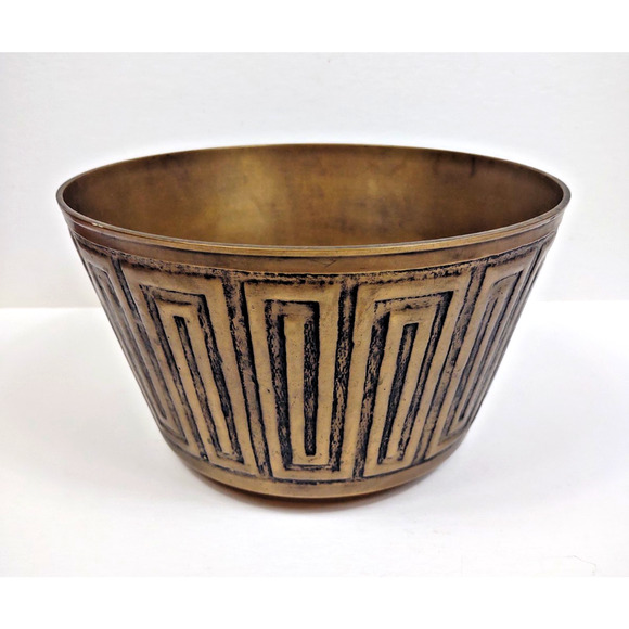 Vintage Solid Brass Heavy Jardineer Planter Urn Pot 9" Geometric Pattern Moorish - Picture 3 of 10